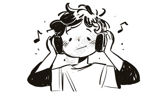 男孩戴着耳机听音乐背景图片