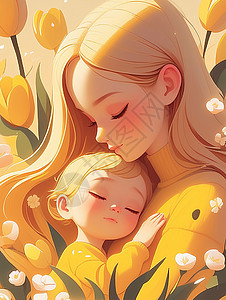 身穿黄色亲子装拥抱在一起的母女高清图片