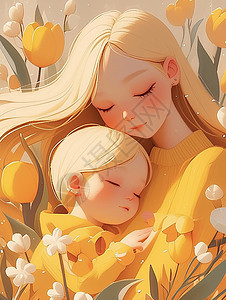 母亲节亲子装身穿黄色亲子装拥抱在一起的卡通母女插画