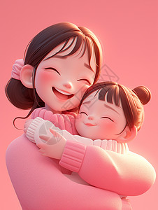 温馨3d素材母亲节温馨相拥的母女插画