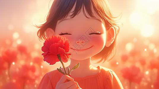 红色康乃馨花母亲节手拿红色康乃馨微笑的卡通小女孩插画