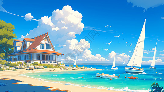 蓝天白云下大海上几只帆船海边有座卡通小木屋高清图片