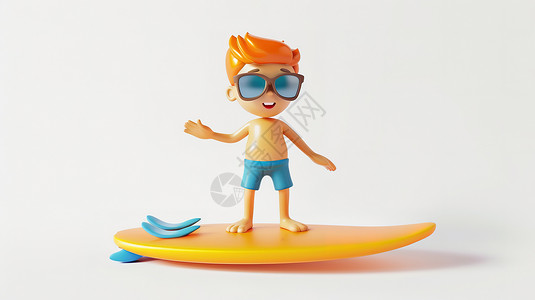 海中冲浪的男孩3D夏天男孩冲浪插画