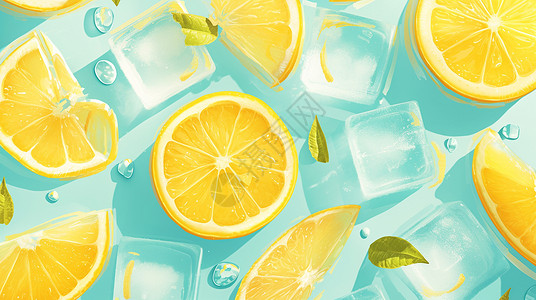 柠檬马鞭草夏天清新的黄色柠檬与冰块插画