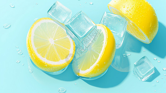 黄色柠檬字体清新的柠檬与冰块插画
