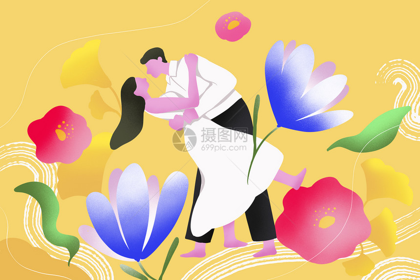 情人节花朵元素浪漫情侣扁平横板插画图片