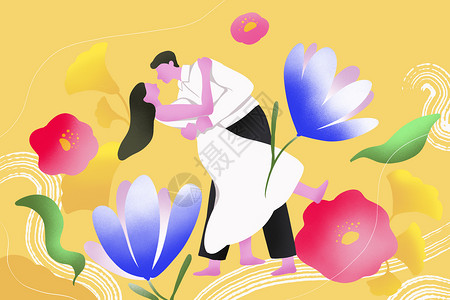 情人节花朵元素浪漫情侣扁平横板插画背景图片