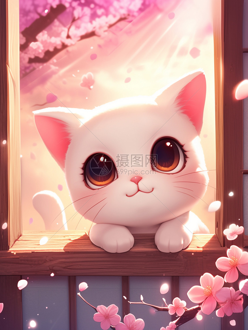 在窗子旁欣赏粉色花朵的卡通小白猫图片