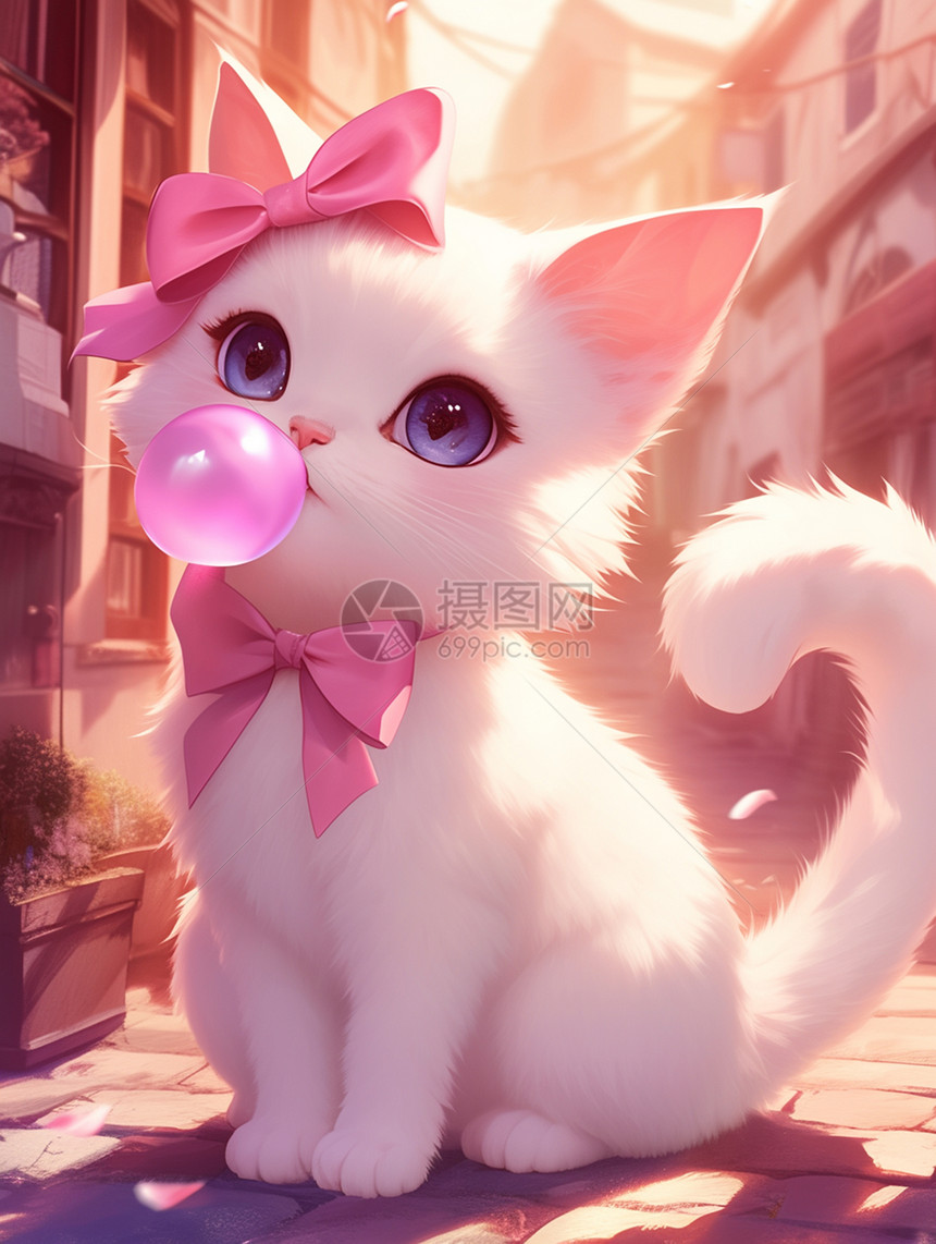 戴着粉色蝴蝶结吹泡泡的可爱卡通小白猫图片