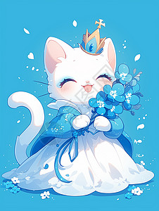 戴着皇冠抱着蓝色花朵头戴皇冠的可爱卡通小白猫插画