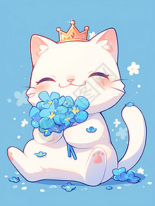 抱着鲤鱼的猫抱着蓝色花朵头戴皇冠的可爱卡通小猫插画