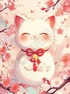粉色招财猫脖子上挂着金色铃铛在粉色桃花林中微笑的卡通招财猫插画