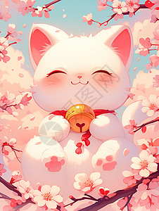 挂铃铛脖子上挂金色铃铛在粉色桃花林中微笑的卡通招财猫插画