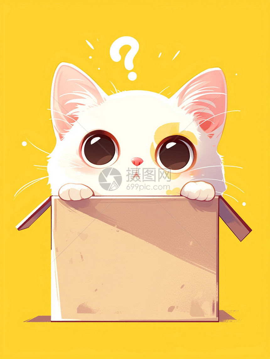 藏在纸箱中的一只大眼睛可爱的卡通小白猫图片