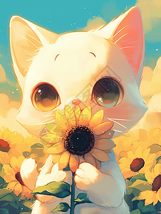 黄色风玲花手拿卡通向日葵花的卡通小猫插画
