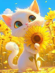 在向日葵花园中抱着黄色大朵向日葵的卡通小白猫高清图片