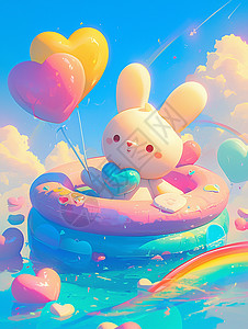 粉红爱心气球在泳圈中玩耍的一只长耳朵卡通小白兔插画