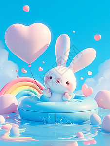 手拿爱心气球在游泳圈中玩耍的一只长耳朵卡通小兔插画