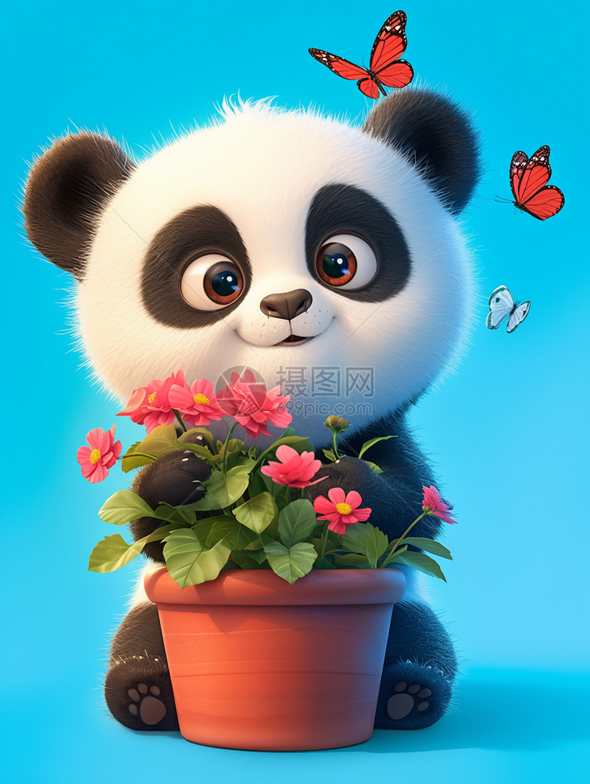 抱着一个大盆栽的卡通大熊猫图片