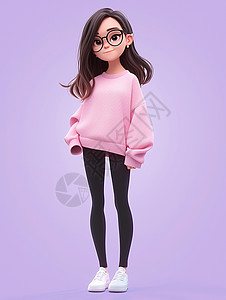 粉色点点框穿着粉色上衣戴着黑框眼镜的时尚卡通女孩插画