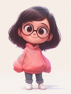 蒸汽波框穿着粉色上衣戴黑框眼镜的时尚卡通女孩插画