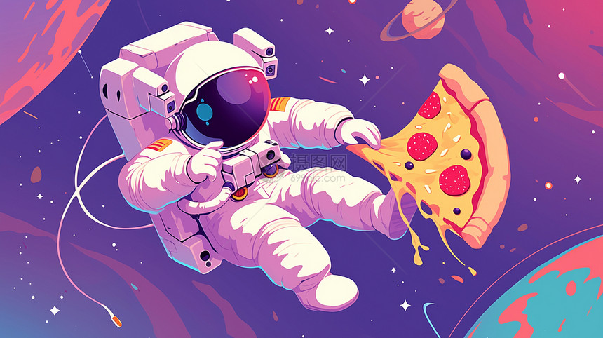 身穿太空服的卡通宇航员在太空中抓着大大的披萨图片