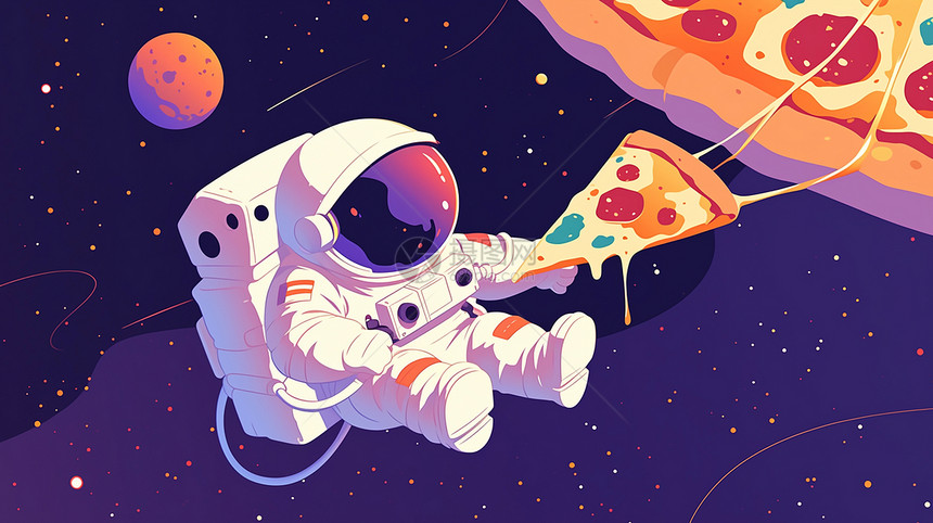 身穿太空服的卡通宇航员在太空中抓着大大的可口披萨图片