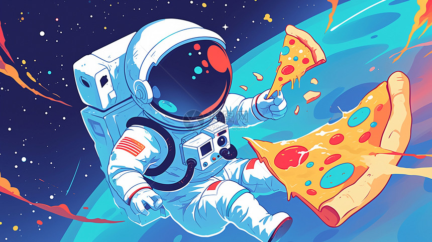 身穿太空服的卡通宇航员在太空中抓着大披萨图片