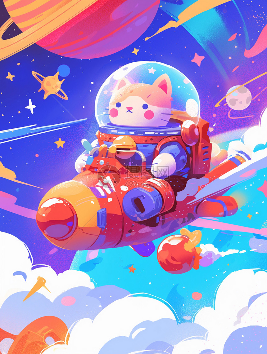 身穿宇航服在空中漫游的卡通小猫图片
