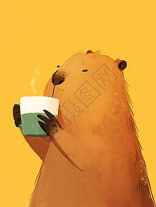 正在优雅喝咖啡的可爱卡通小动物高清图片