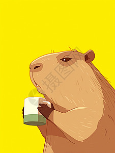 粽色优雅喝咖啡的可爱卡通小动物插画