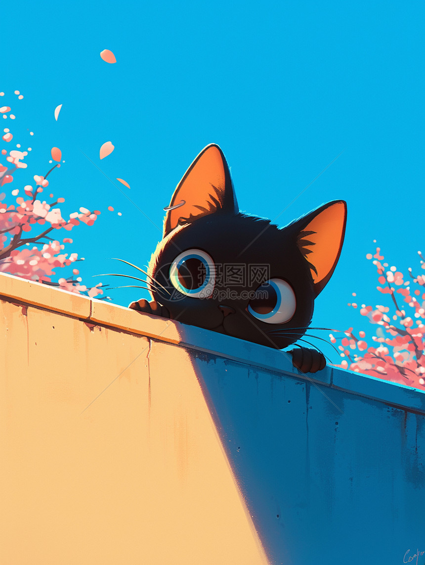 墙头上一只可爱的卡通小黑猫图片