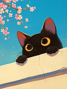 趴在墙头上一只可爱的卡通黑猫背景图片