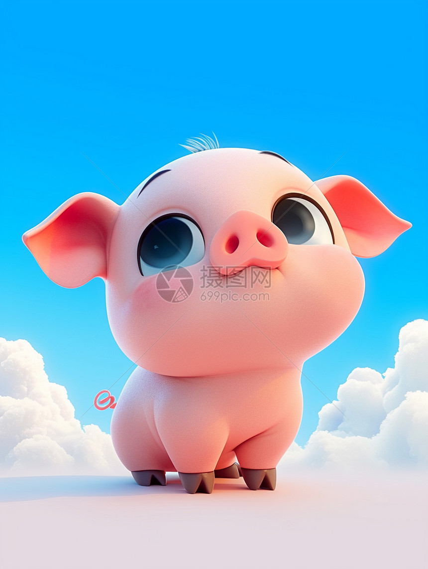 晴朗的天空下一只大耳朵的卡通小猪图片