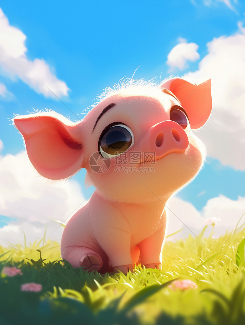 晴朗的天空下一只大耳朵卡通小猪图片