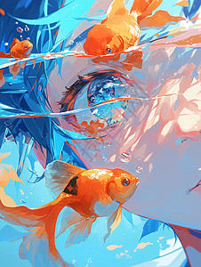 大眼睛的卡通女孩看着在水里游泳的红色鱼高清图片