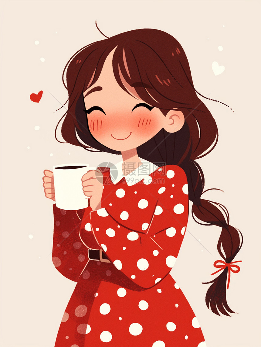 穿红色波点连衣裙端着茶杯的可爱卡通小女孩图片