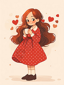 红色茶杯身穿红色波点连衣裙端着茶杯的可爱卡通女孩插画