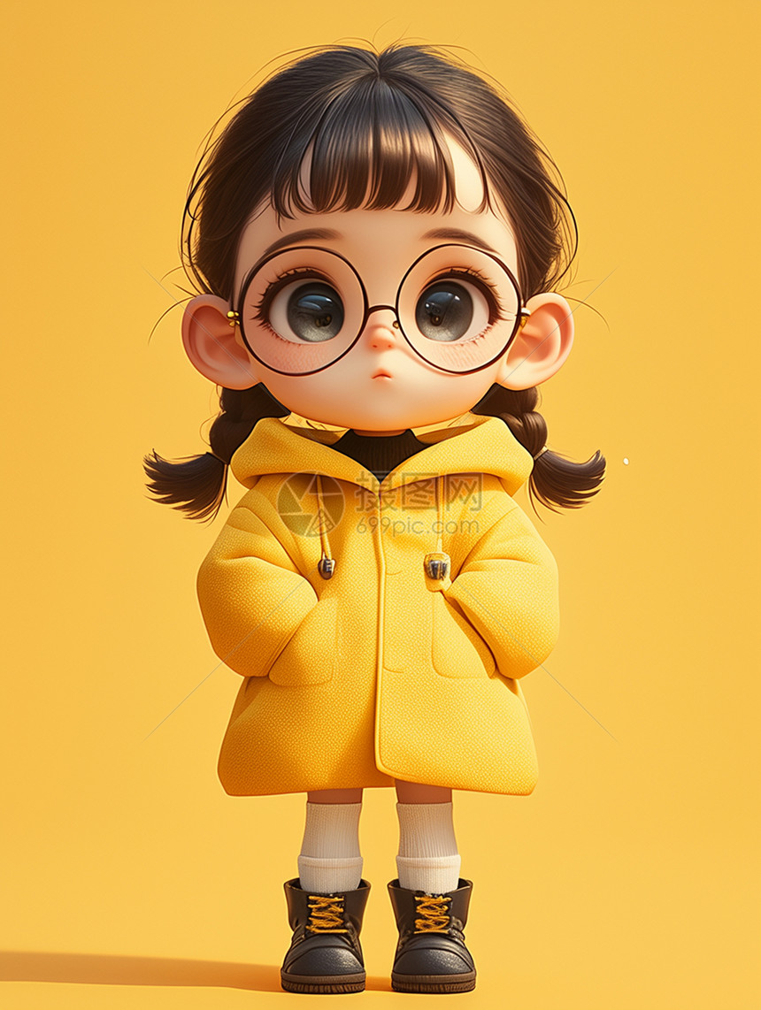 穿黄色外套戴着黑框眼镜的可爱立体卡通小女孩图片