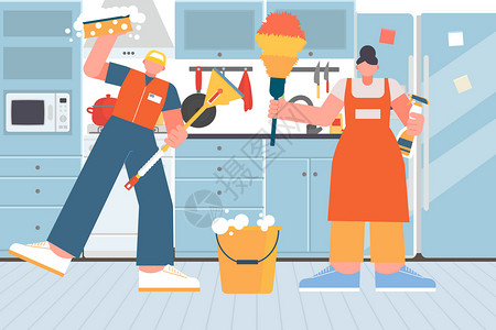 打扫厨房卫生的妇女家政服务厨房清洁插画