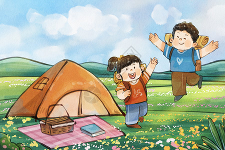 自然与花手绘水彩夏令营帐篷与欢呼的儿童可爱治愈插画插画