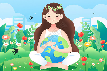 抱着球小熊环境日一个女性女生抱着地球和自然植物环保插画插画