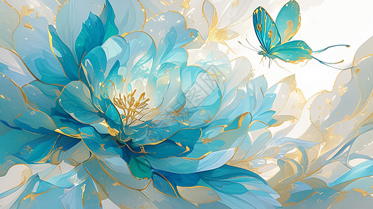 牡丹花卡通蓝色镶金边的梦幻唯美的卡通牡丹花与蝴蝶插画