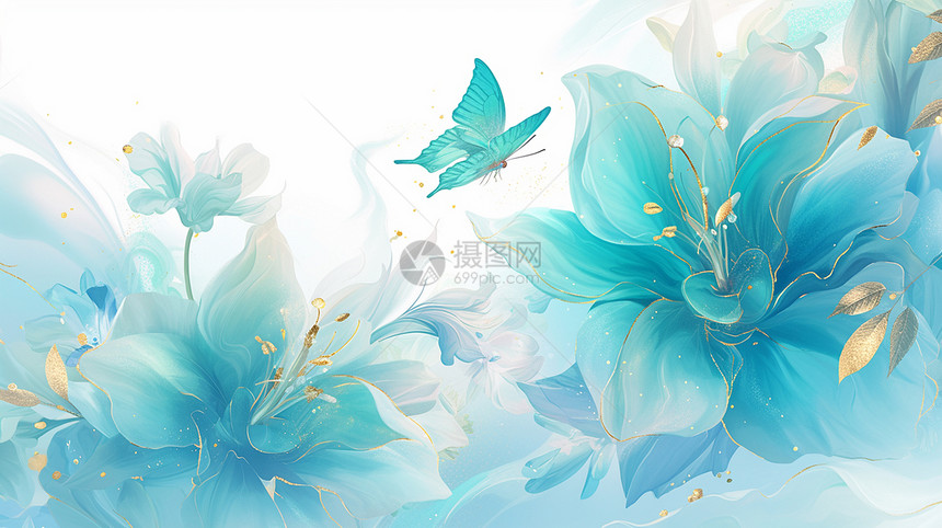 蓝色梦幻唯美的卡通牡丹花与蝴蝶图片
