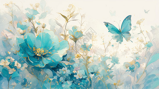 蓝色唯美的卡通牡丹花与蝴蝶插画