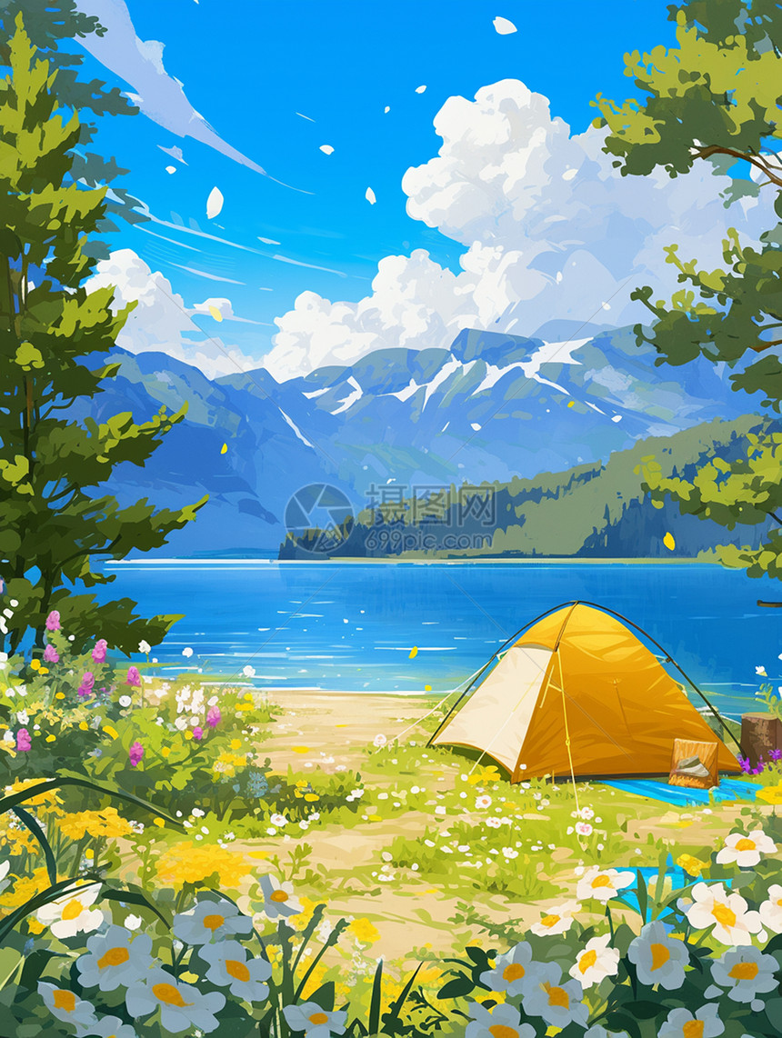 天空下深蓝色湖边一个黄色卡通帐篷图片