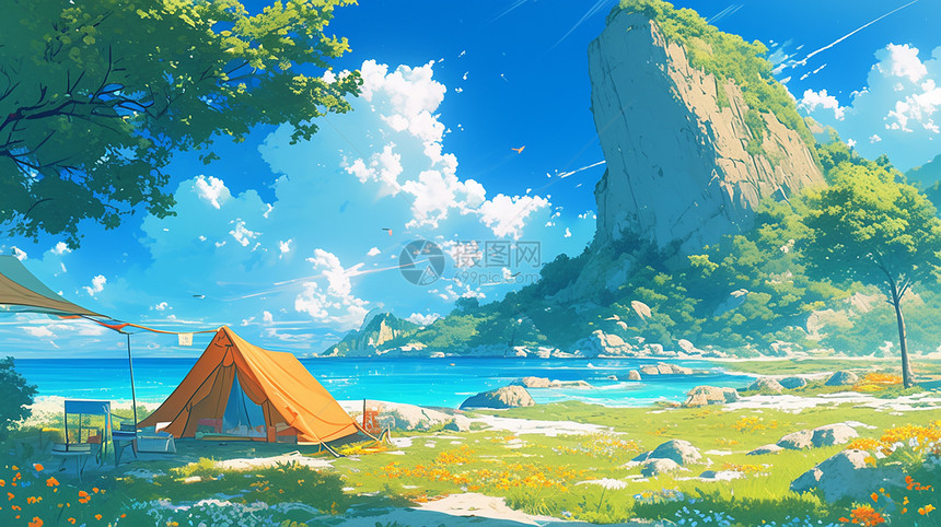 蓝天白云下风景秀丽的卡通湖边一个卡通露营帐篷图片