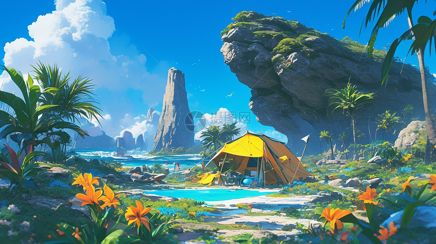 蓝天下风景秀丽的卡通湖边一个卡通露营帐篷图片