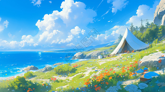 蓝天白云下秀丽的卡通湖边一个卡通露营帐篷高清图片