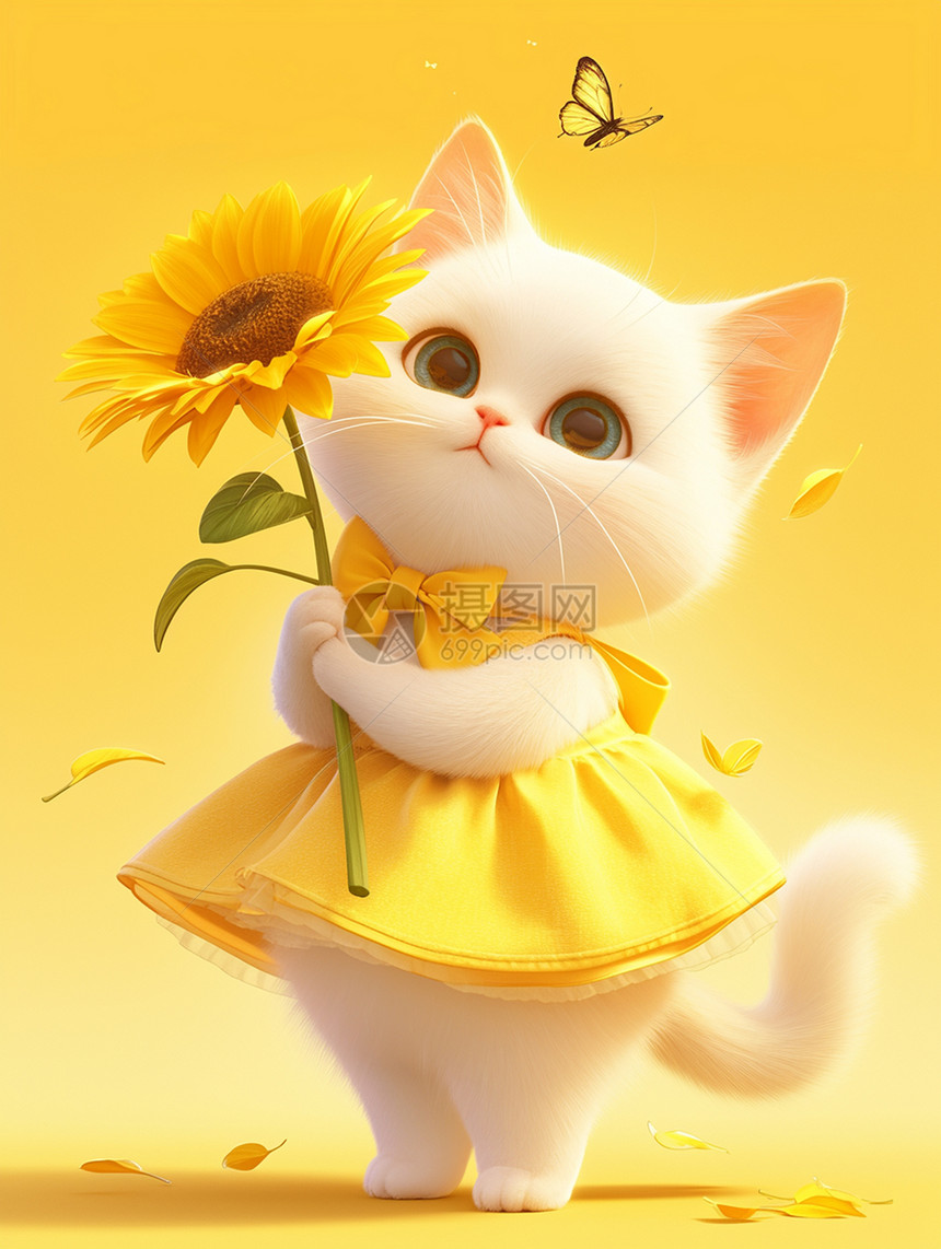 穿黄色连衣裙手拿太阳花的卡通小猫图片